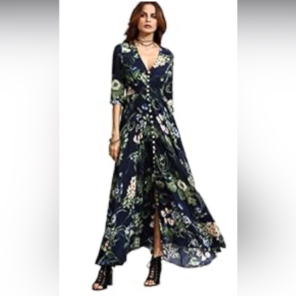 Floral Dress Festival‎ Maxi Boho Wedding Navy/Green Sz S